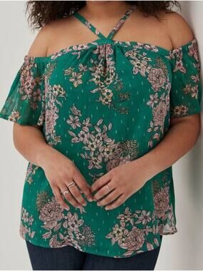 TORRID Green Floral Cold Shoulder Crinkle Chiffon Halter Top Plus Size 3 NWT